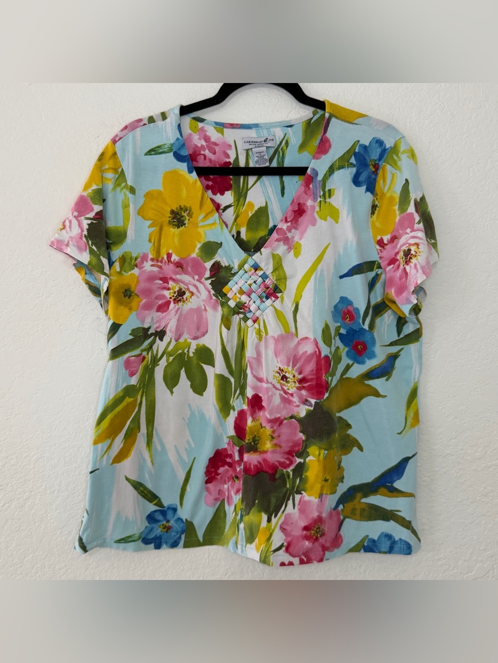 Caribbean Joe Tropical Hawaiian Floral Lattice V Neck T Shirt Women’s Size 1X